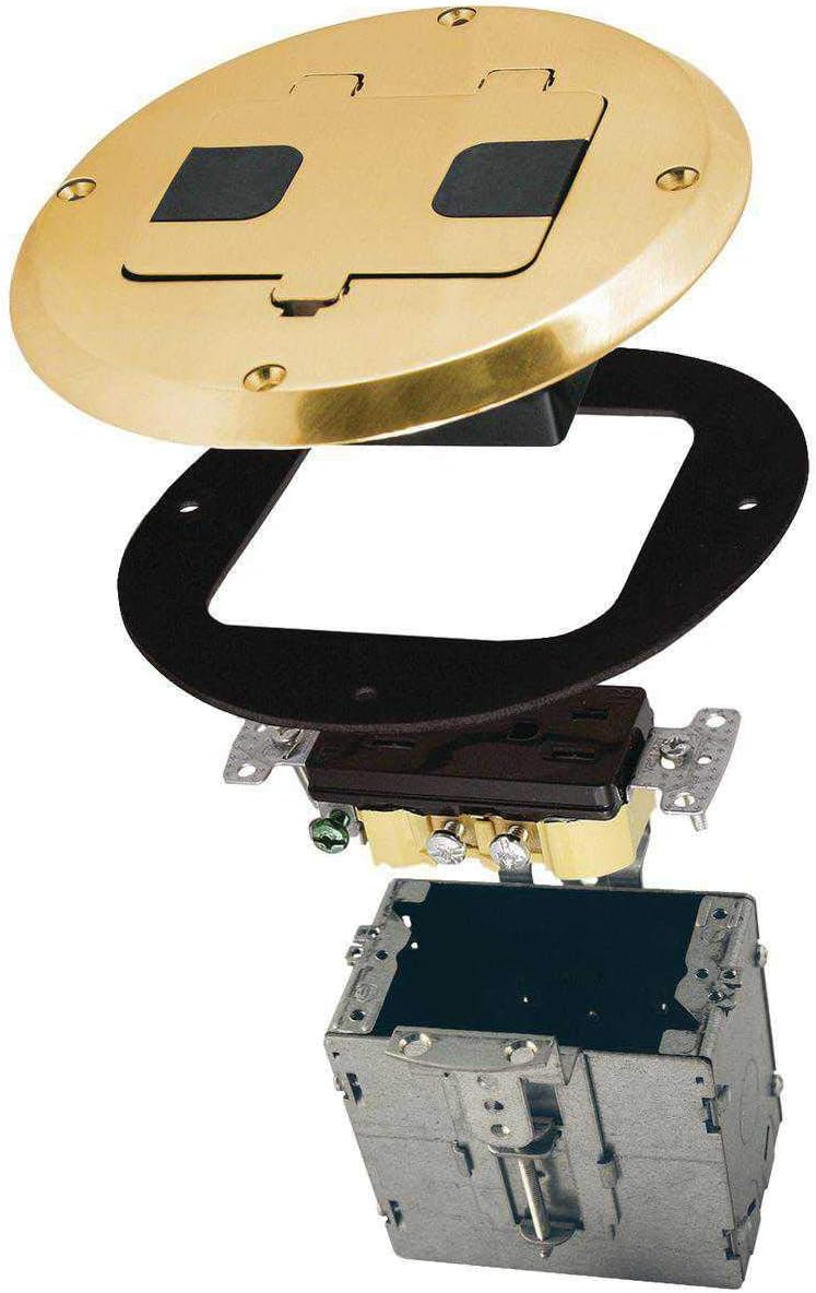 RACO Hubbell 6239 Brass Floor Kit with Recessed Duplex 15A TR Device and Adjustable Steel Box - Image 1