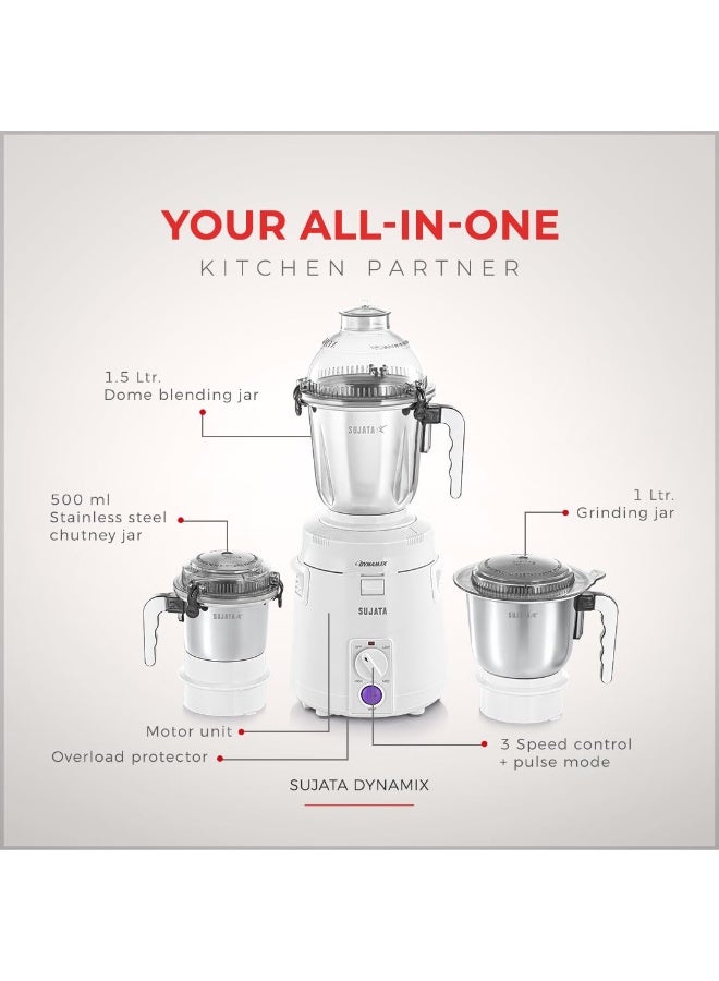 Sujata Dynamix 900 Watts Mixer Grinder | 22000 Rotations Per Min | 90 Minutes Continuous Running | 3 Versatile Jars 1500 ml, 1000 ml and 500 ml (White) - Image 2