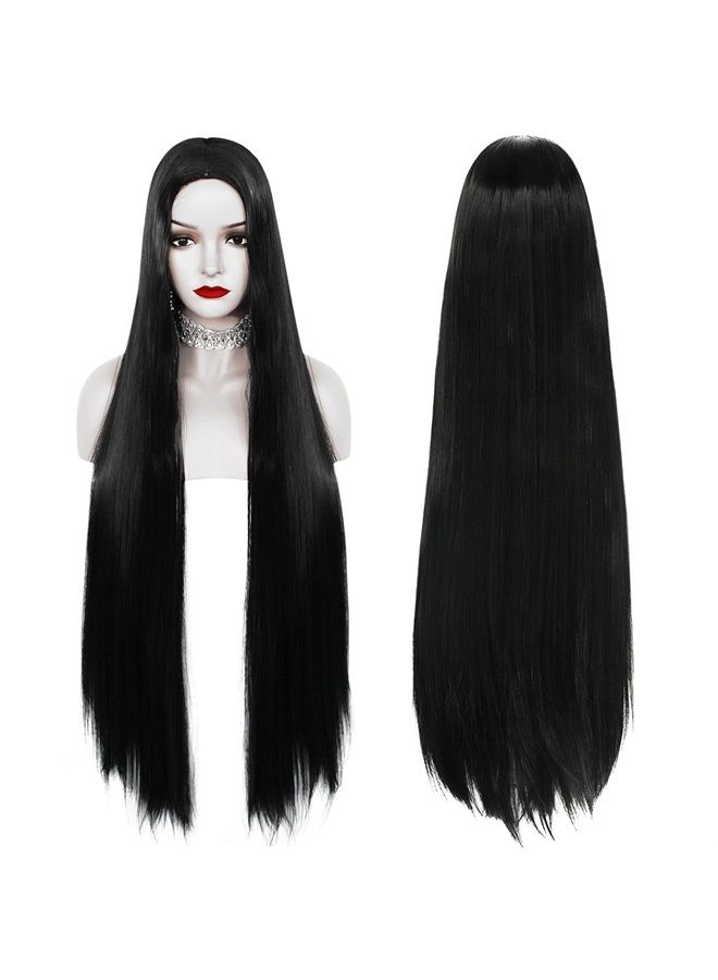 ANOGOL غطاء شعر أنوجول + باروكة سوداء طويلة 36 بوصة مستقيمة لملابس عيد الهالوين للعائلات للنساء، باروكة شعر سوداء طويلة مستقيمة لحفلة الهالوين، باروكة كوسبلاي مستقيمة سوداء للأنمي - Image 1