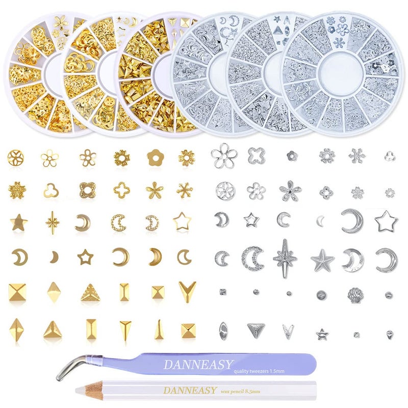 DANNEASY 3d Nail Charms Metal Nail Art Studs Gold Nail Jewels Silver Hollow Star Moon Shell Flower Manicure Decoration Salon with 1pc Curved Tweezers Wax Pen 6 Wheels