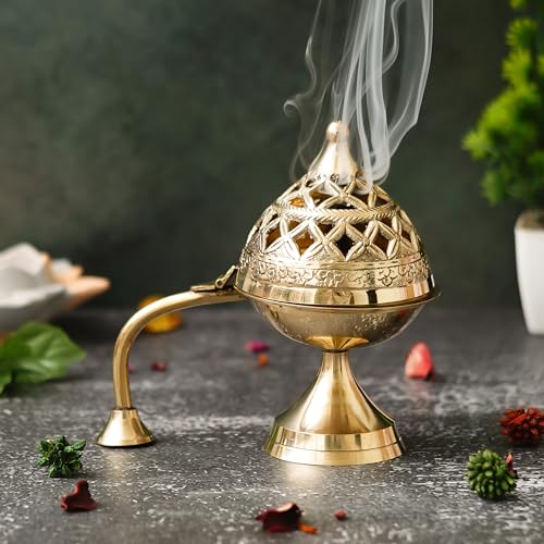 Webelkart Antique Brass Gold Dhoop Dani |Loban Dani |Aarti Brass Dani/Dhoop Dani Burner for Home Decor|Dhoop Batti Stand with Handle (4" Inches) - Image 2