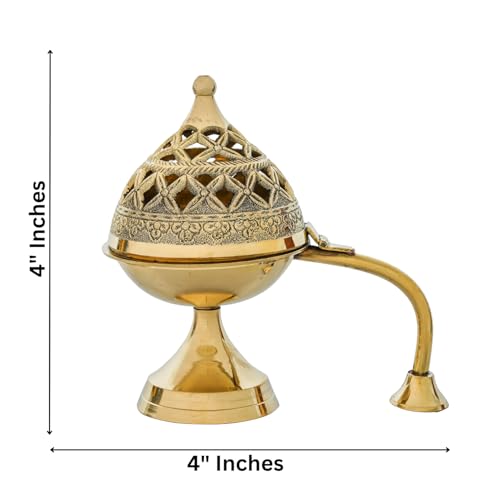 Webelkart Antique Brass Gold Dhoop Dani |Loban Dani |Aarti Brass Dani/Dhoop Dani Burner for Home Decor|Dhoop Batti Stand with Handle (4" Inches) - Image 3