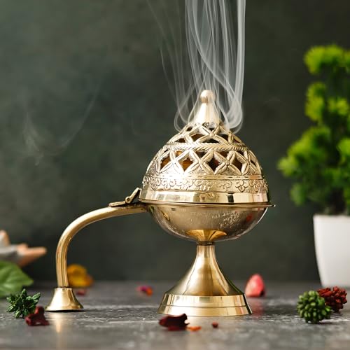 Webelkart Antique Brass Gold Dhoop Dani |Loban Dani |Aarti Brass Dani/Dhoop Dani Burner for Home Decor|Dhoop Batti Stand with Handle (4" Inches) - Image 1