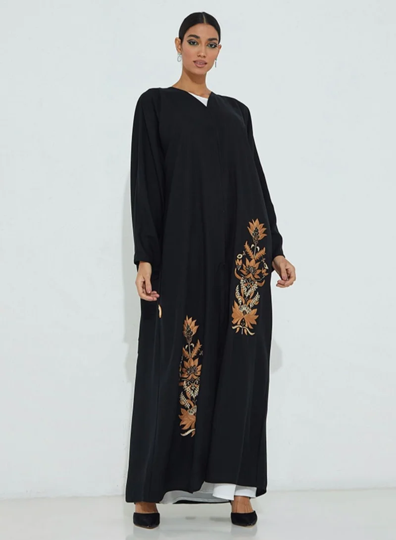Rosette Abaya Abaya with embroidery brown Flowers design