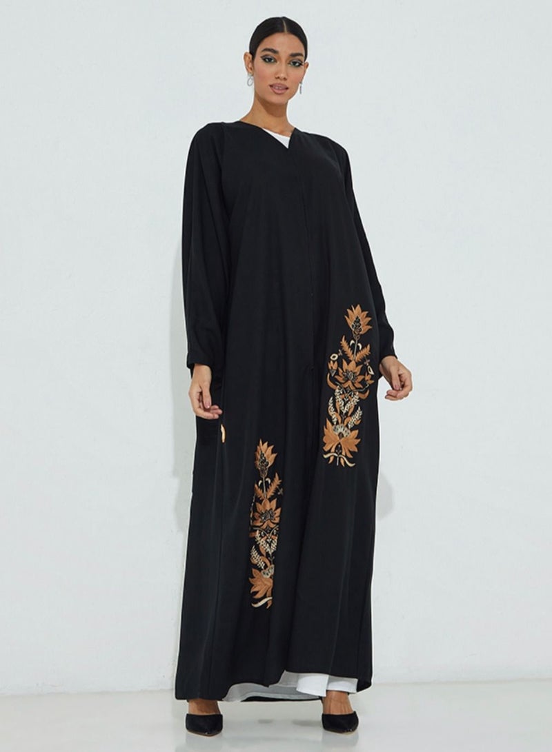 Rosette Abaya Abaya with embroidery brown Flowers design  - Image 4