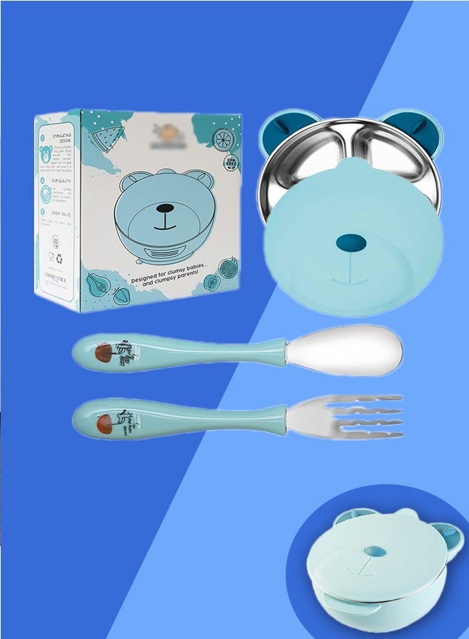 Cartoon Baby Divided Plate Stainless Steel Infants Feeding Bowl Feeding Plate Child Assisted Tableware(Blue) - Image 1