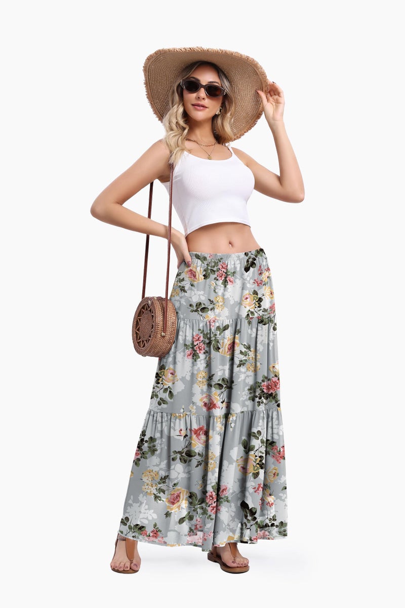 Jouica Women's Pleated Skirt Chiffon A-Line Elastic High Waist Flowy Double Layer Causal Maxi Skirts for Women 2026,Grey Print,Large - Image 4