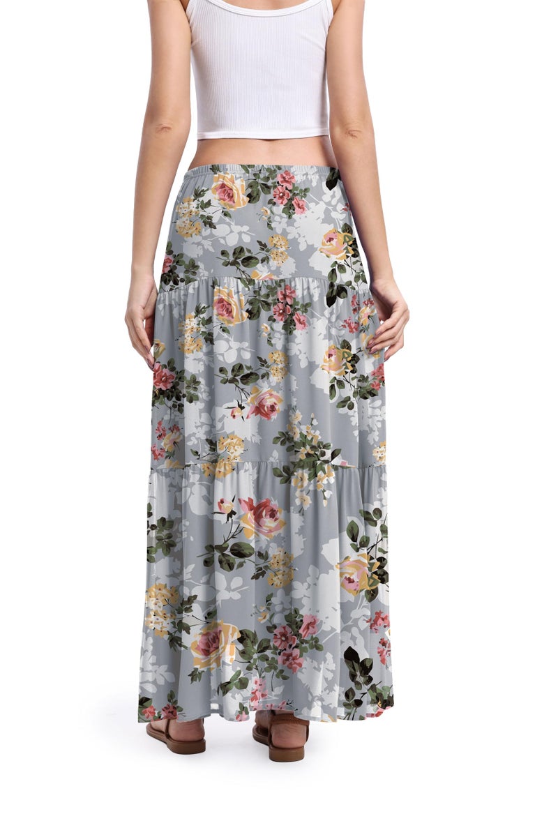 Jouica Women's Pleated Skirt Chiffon A-Line Elastic High Waist Flowy Double Layer Causal Maxi Skirts for Women 2026,Grey Print,Large - Image 3
