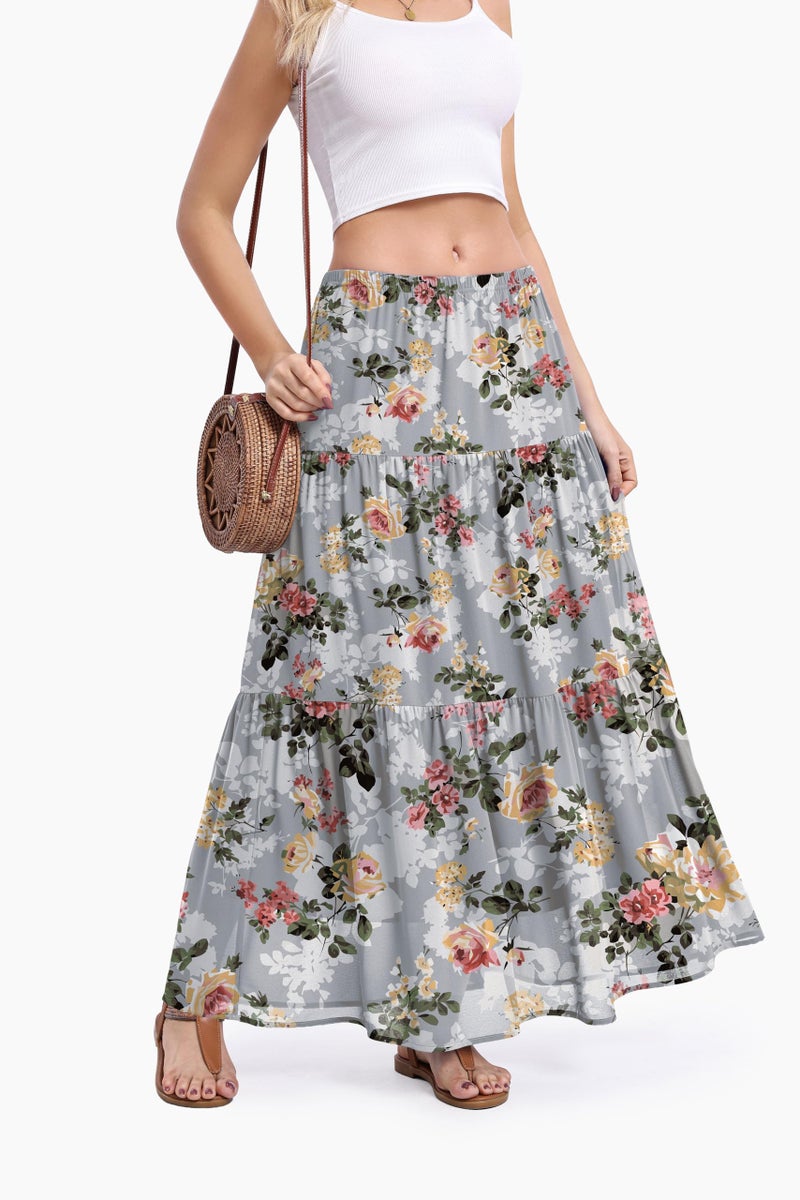 Jouica Women's Pleated Skirt Chiffon A-Line Elastic High Waist Flowy Double Layer Causal Maxi Skirts for Women 2026,Grey Print,Large - Image 2