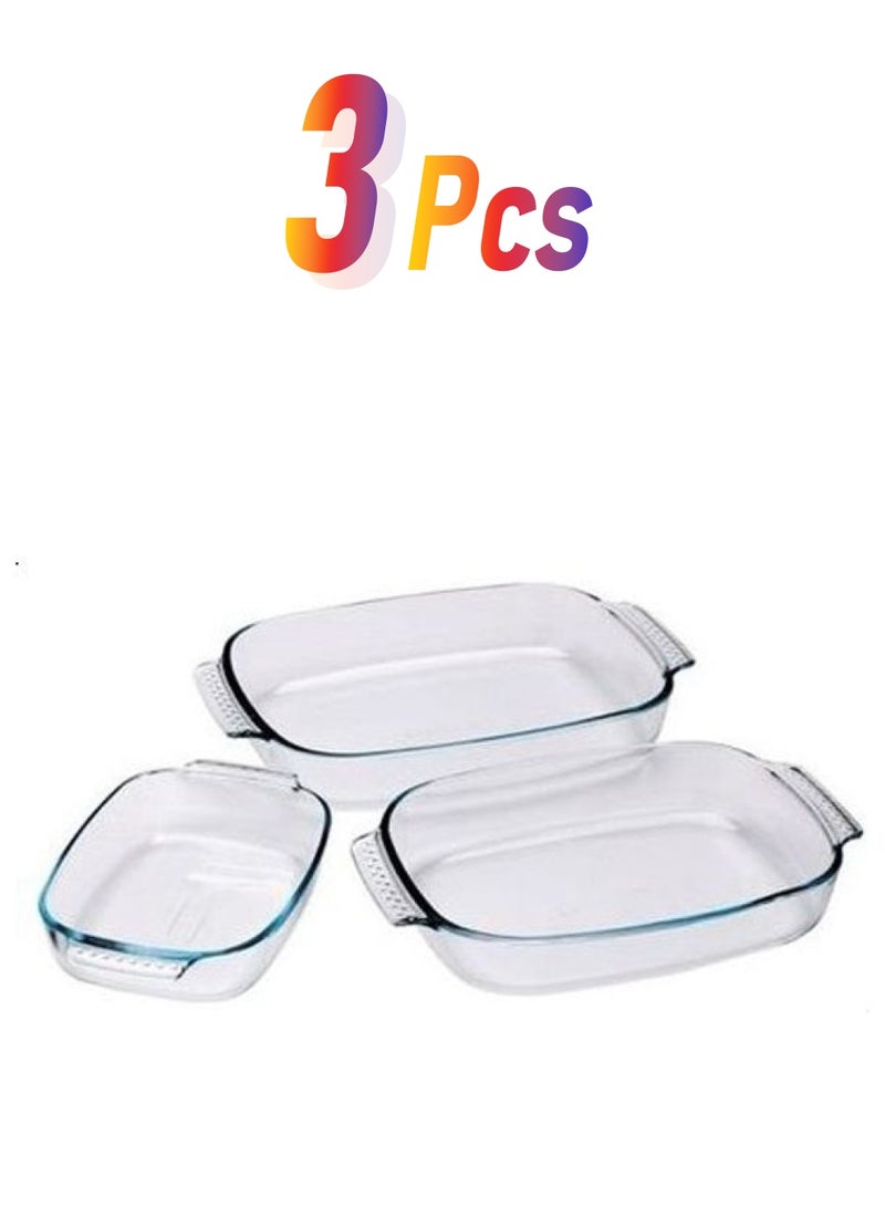 3-Piece Rectangular Glass Roasters Set Clear 35 x 23- 30 x 20-28 x 17cm