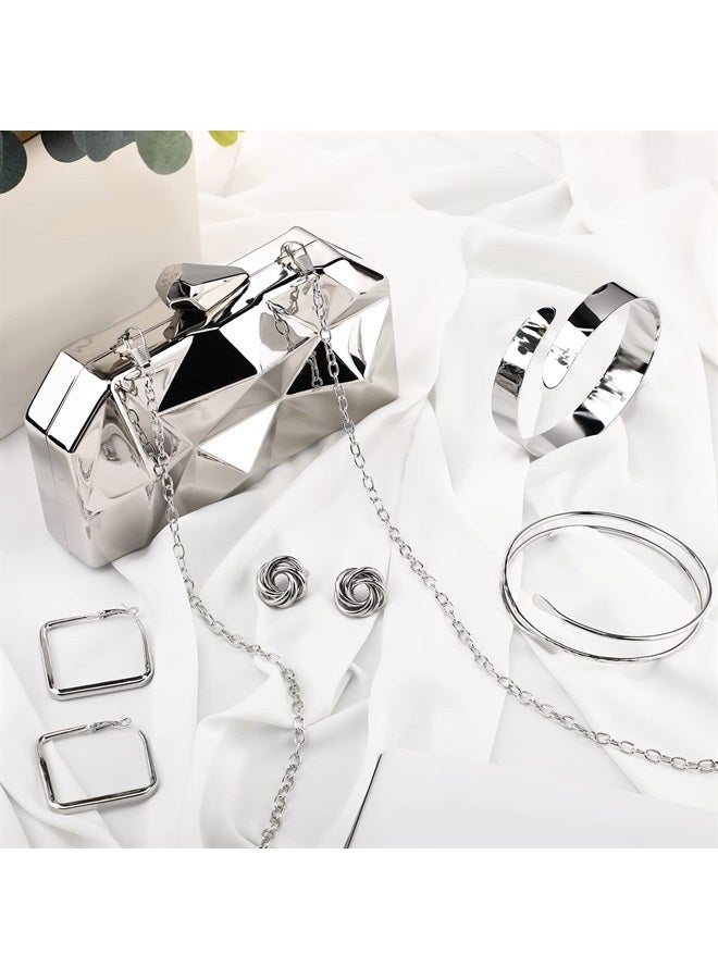 Jadive 5Pcs Clutch Purse For Women Evening Metallic Prom Handbag for Wedding Vintage Handbag Retro Earrings Arm Cuff Bracelet Jewelry Set (Silver)  - Image 1