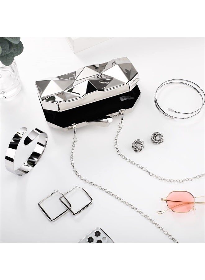 Jadive 5Pcs Clutch Purse For Women Evening Metallic Prom Handbag for Wedding Vintage Handbag Retro Earrings Arm Cuff Bracelet Jewelry Set (Silver)  - Image 2