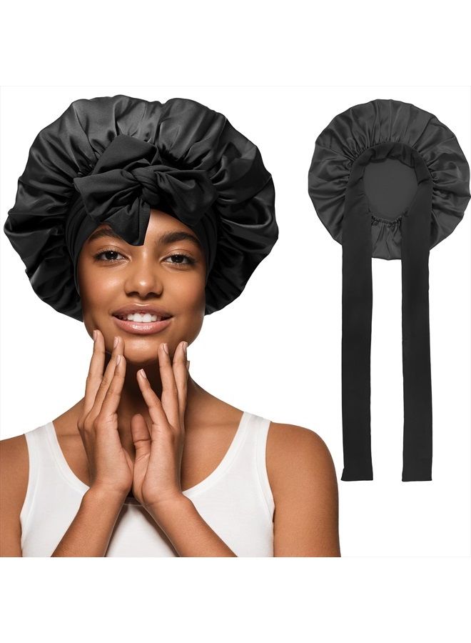 AWAYTR Satin Hair Bonnet Wide Band - Silk Like Sleeping Bonnets for Curly Hair Hair Wrap for Night Cap with Tie Band Breathable Satin Bonnet for Women and Girls（Black） - Image 1