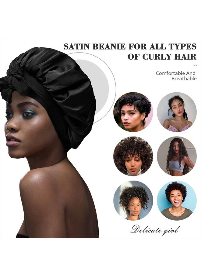 AWAYTR Satin Hair Bonnet Wide Band - Silk Like Sleeping Bonnets for Curly Hair Hair Wrap for Night Cap with Tie Band Breathable Satin Bonnet for Women and Girls（Black） - Image 3