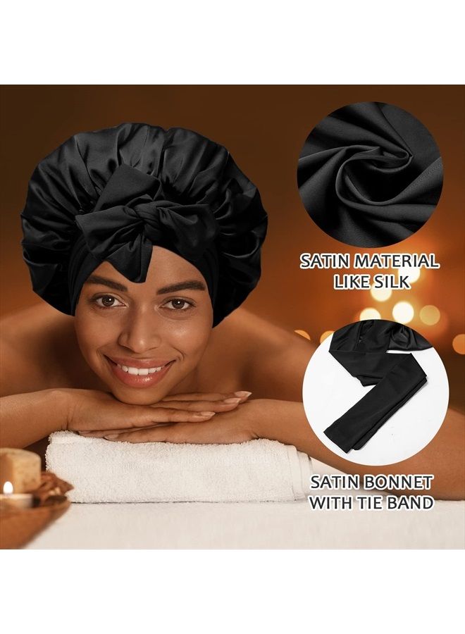 AWAYTR Satin Hair Bonnet Wide Band - Silk Like Sleeping Bonnets for Curly Hair Hair Wrap for Night Cap with Tie Band Breathable Satin Bonnet for Women and Girls（Black） - Image 2