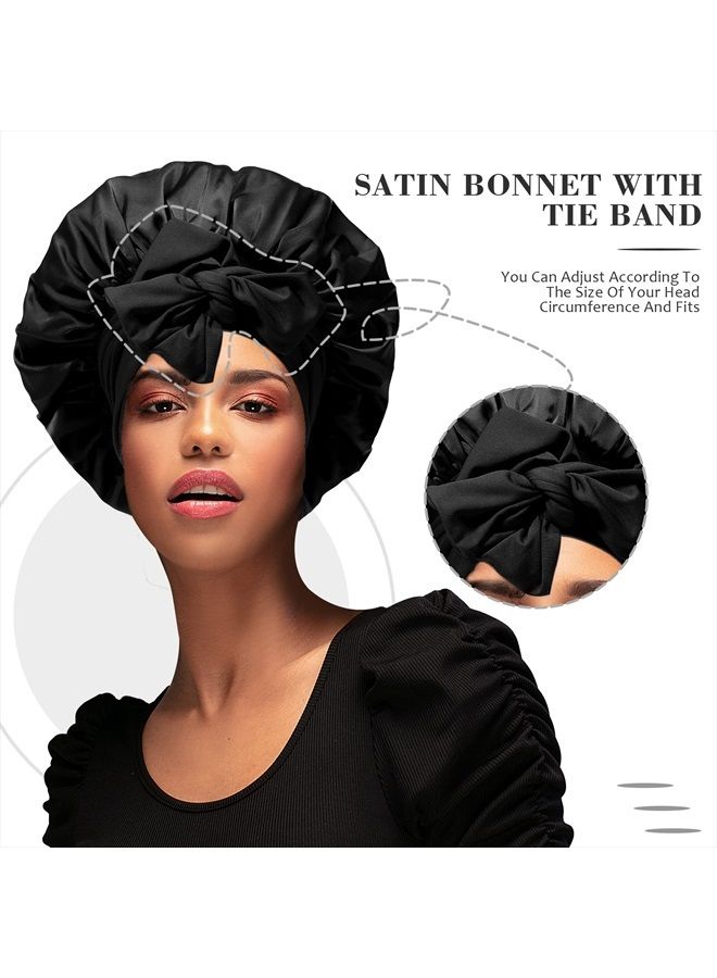 AWAYTR Satin Hair Bonnet Wide Band - Silk Like Sleeping Bonnets for Curly Hair Hair Wrap for Night Cap with Tie Band Breathable Satin Bonnet for Women and Girls（Black） - Image 4