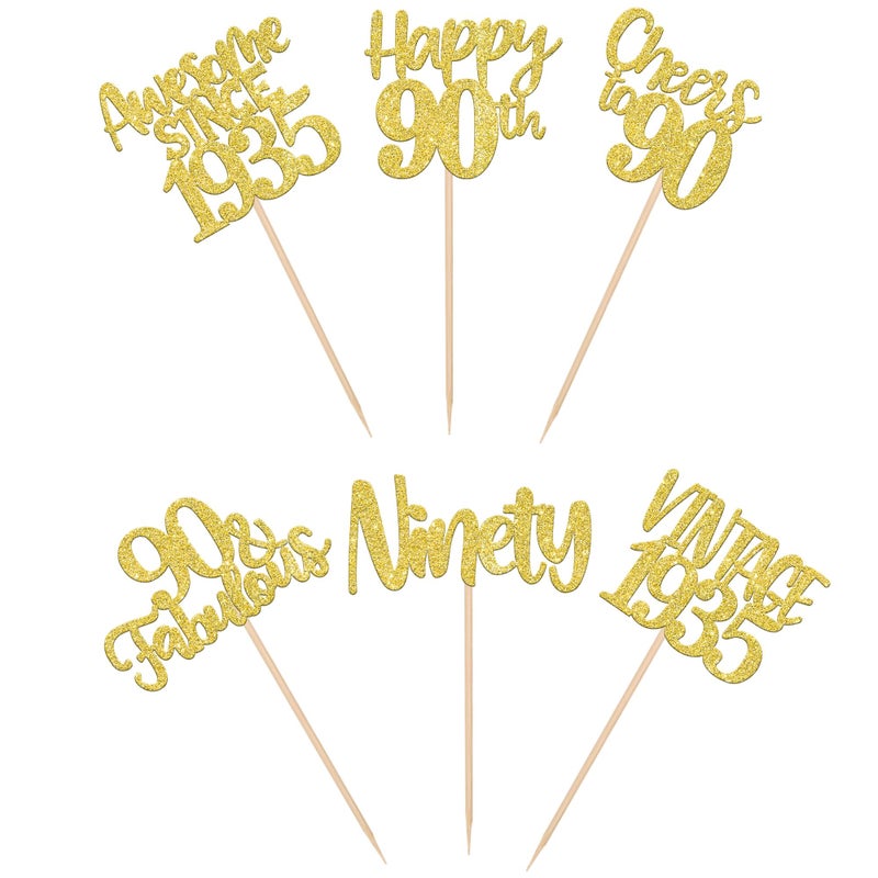 RSSTARXI 24 Pack Gold Happy 90th Cupcake Topcake Toppers 90 Fabulous Vintage 1935 Cupcake Picks for Awesom - Image 3