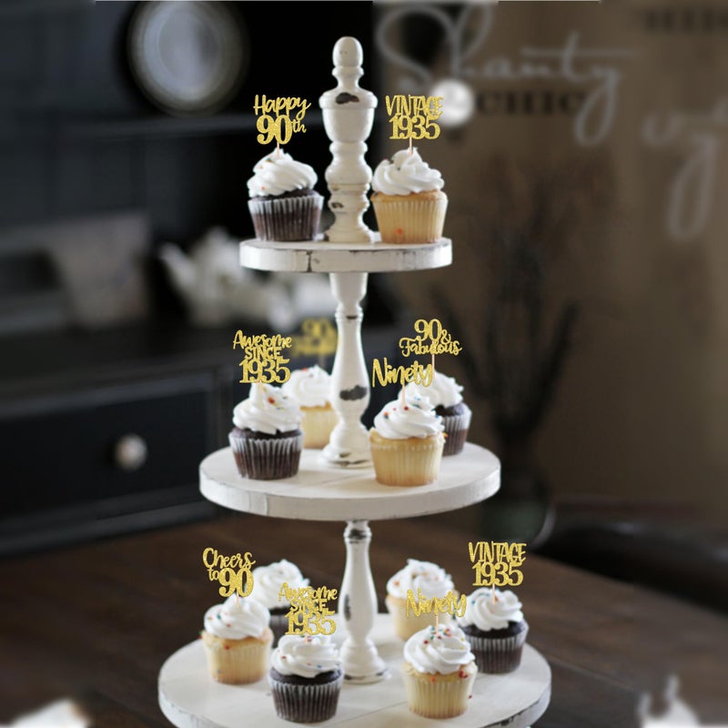 RSSTARXI 24 Pack Gold Happy 90th Cupcake Topcake Toppers 90 Fabulous Vintage 1935 Cupcake Picks for Awesom - Image 4