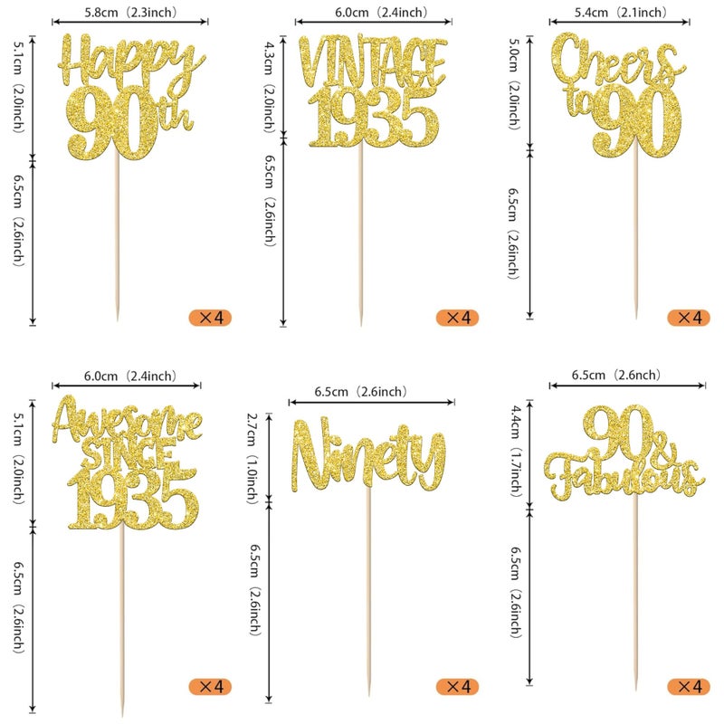 RSSTARXI 24 Pack Gold Happy 90th Cupcake Topcake Toppers 90 Fabulous Vintage 1935 Cupcake Picks for Awesom - Image 2