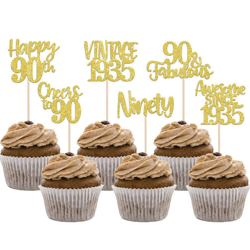 RSSTARXI 24 Pack Gold Happy 90th Cupcake Topcake Toppers 90 Fabulous Vintage 1935 Cupcake Picks for Awesom - Image 1