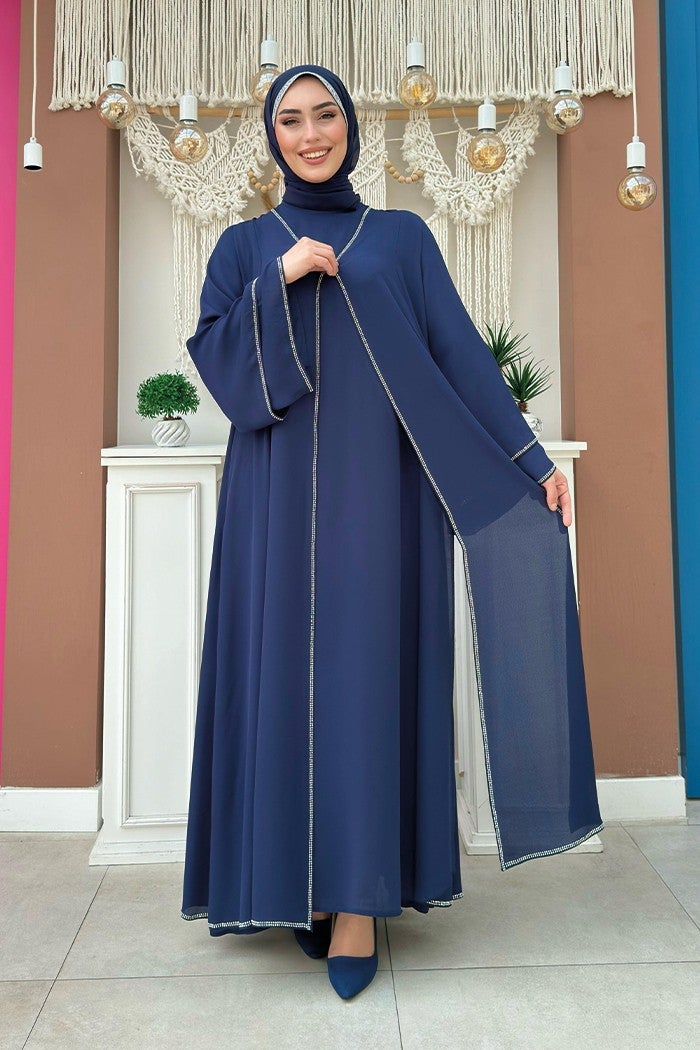 Bym Fashion Stone Embroidery Detailed Dress Abaya Suit 3873 Navy Blue  - Image 1