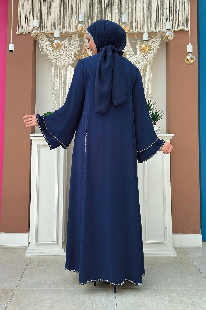 Bym Fashion Stone Embroidery Detailed Dress Abaya Suit 3873 Navy Blue  - Image 2
