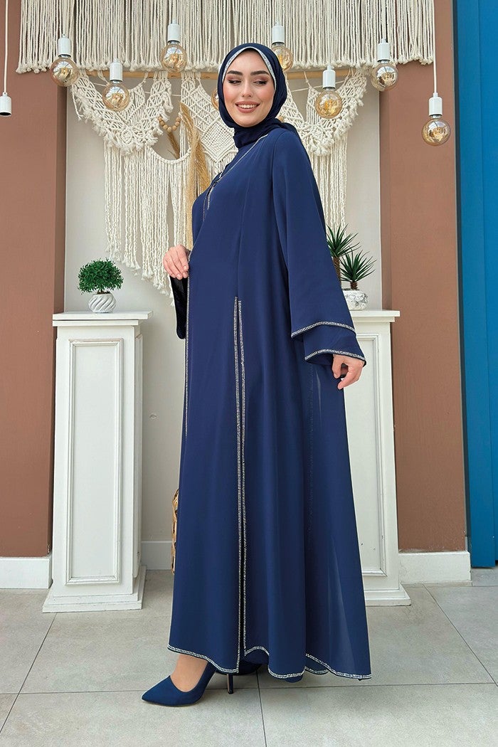 Bym Fashion Stone Embroidery Detailed Dress Abaya Suit 3873 Navy Blue  - Image 3