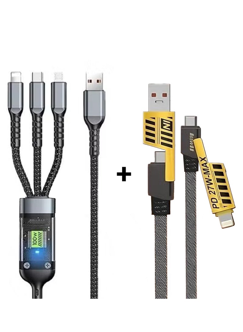 Fast Charging Braided 3 In 1 USB Cable  100W for IOS and Android , wide suitability , with overcharge protection - Black & 4 in 1 Data Cable Fast Charging Portable Cord For Travel/Outdoor Cable & Accessories With USB Type-C & USB Port Fast Charger Type-C Retractable , Have two pawerBundle - Image 1