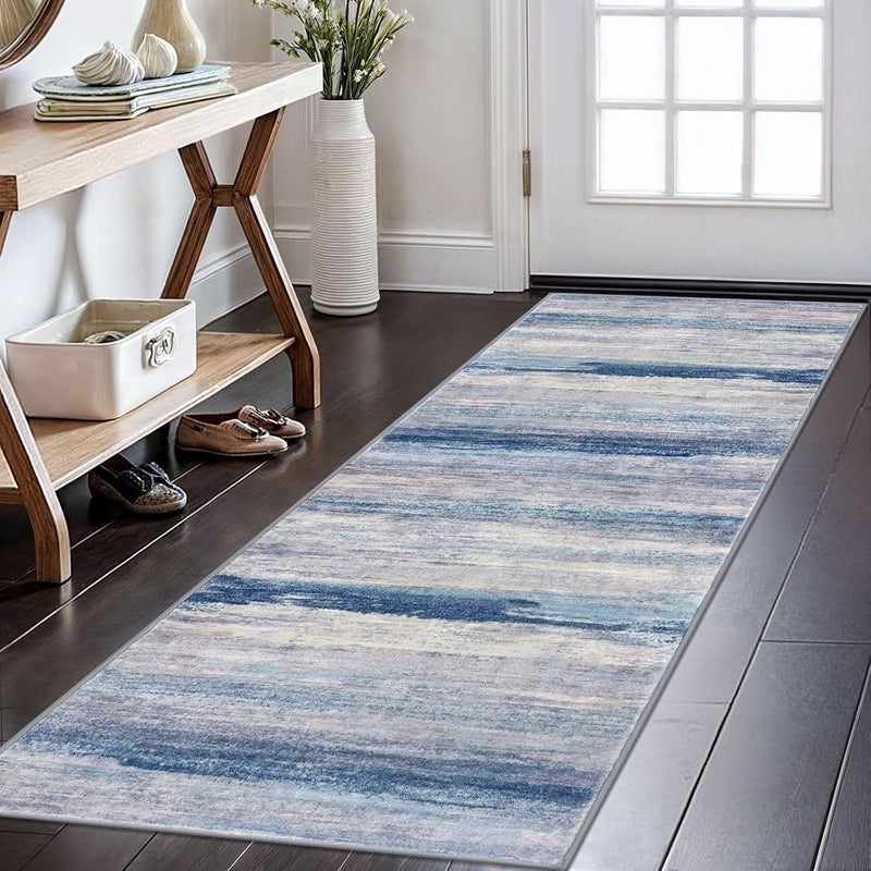 KOZYFLY Modern Abstract Kitchen Runner Rug, 2x6 Washable Rug Runner Non-Slip Soft Striped Hallway Runner Rugs, Blue/Grey/Beige Print Carpet Runner for Entryway Bathroom Laundry Room Foyer - Image 1
