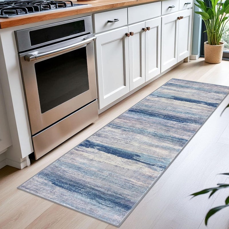 KOZYFLY Modern Abstract Kitchen Runner Rug, 2x6 Washable Rug Runner Non-Slip Soft Striped Hallway Runner Rugs, Blue/Grey/Beige Print Carpet Runner for Entryway Bathroom Laundry Room Foyer - Image 4