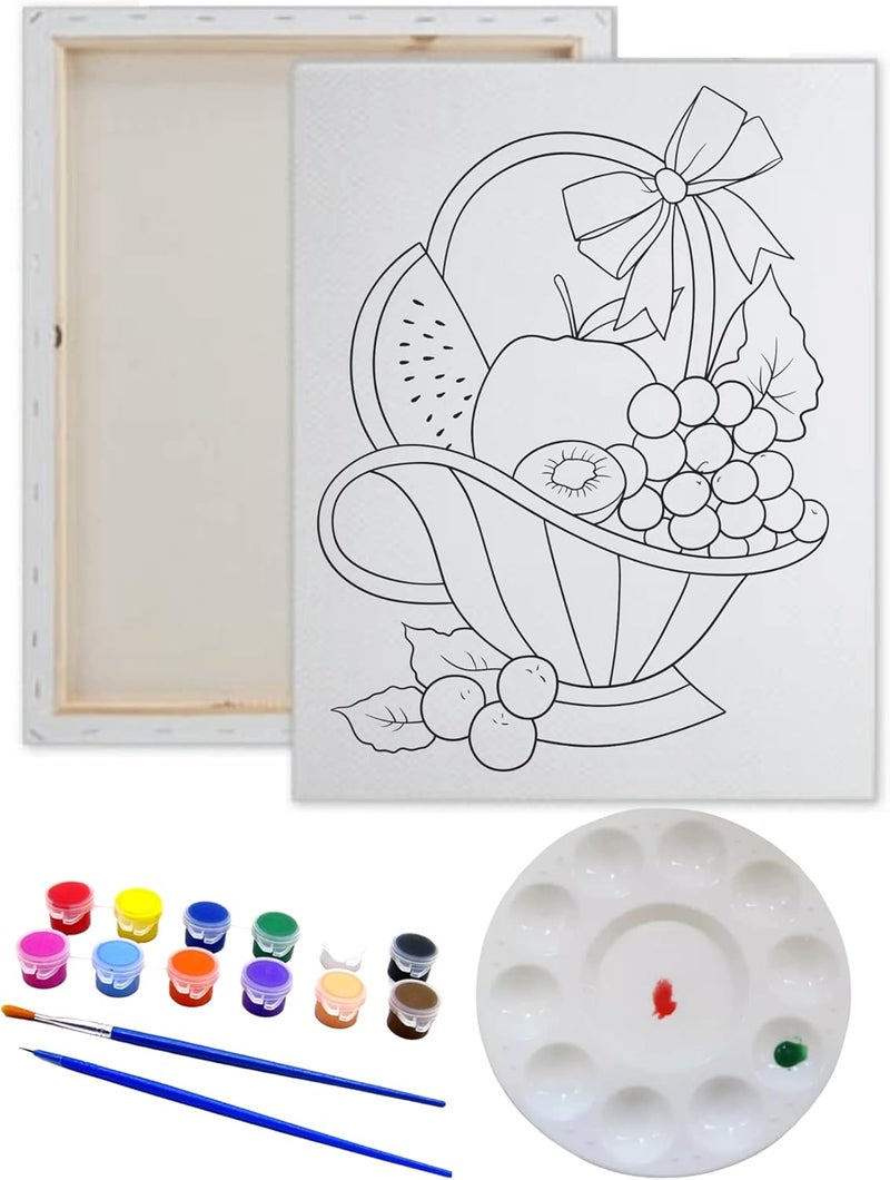 Pre Drawn Canvas Paint Kit | Adult & Teen Sip and Paint Party Favor | DIY Date Night Couple Activity FRUIT BASKET (M 12X16, 12 COLORS OF PAINT)