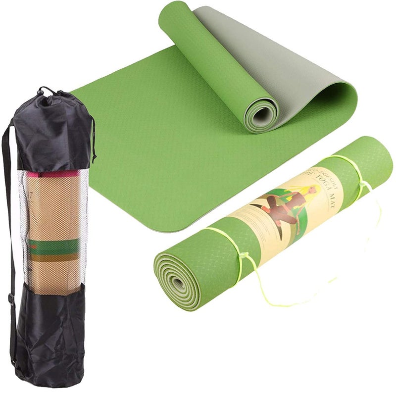 Bodylastics Yoga Mat for Men and Women with Carry Bag TPE 6ft x 2ft x 6mm Large Size Anti Slip & Anti Tear Workout Mat (Light Green/Grey) - Image 1