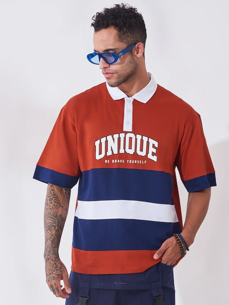 مانياك تيشيرت مانياك رجالي قطن أحمر وأزرق بطبعة وياقة بولو نصف كم بقصة ضيقة