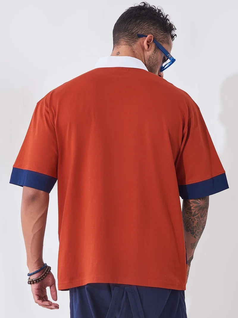 Maniac Maniac Mens Printed Polo Neck Half Sleeve Red and Navy Cotton Slim Fit T-Shirt