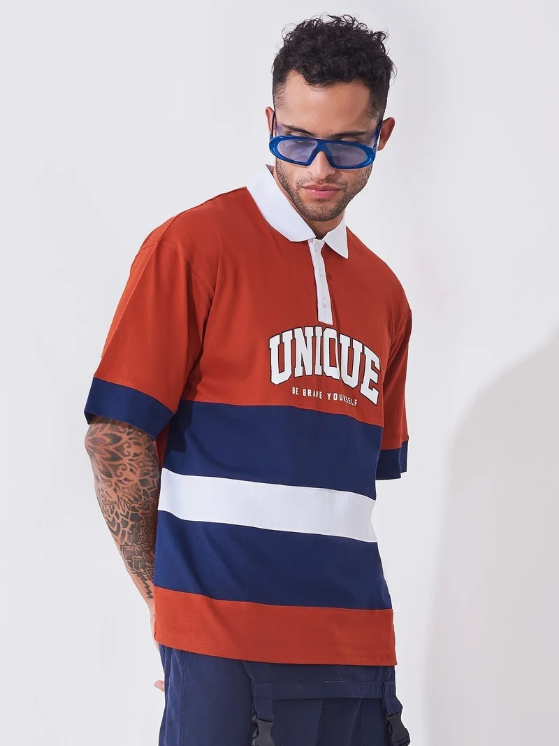 Maniac Maniac Mens Printed Polo Neck Half Sleeve Red and Navy Cotton Slim Fit T-Shirt