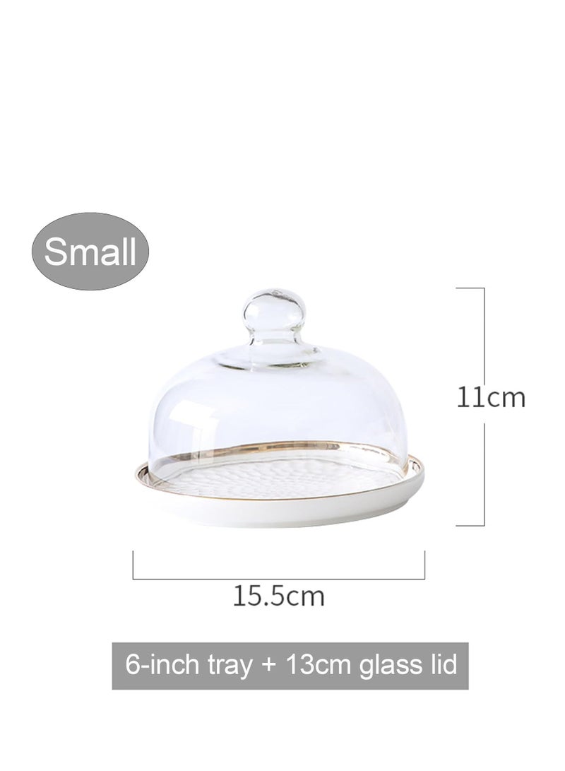 Vparty Ceramic Tray with Dome Glass Dessert Cover Rustic Cake Stand Desert Platter Ceramic Serving Tray Cheese Cloche Dome for Desserts Fruits Snack Candy  - Image 2