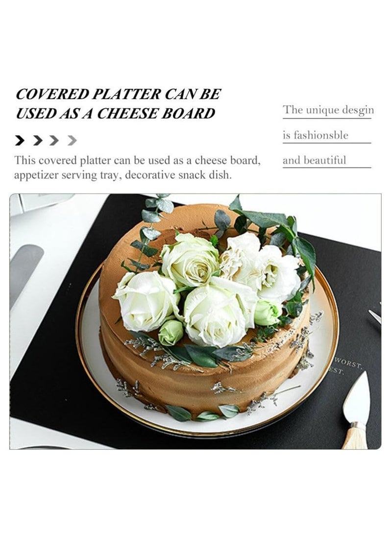 Vparty Ceramic Tray with Dome Glass Dessert Cover Rustic Cake Stand Desert Platter Ceramic Serving Tray Cheese Cloche Dome for Desserts Fruits Snack Candy  - Image 5