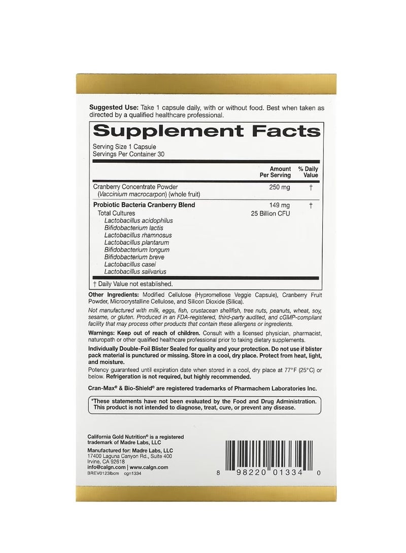 California Gold Nutrition CranMax LactoBif Probiotics 25 Billion CFU 30 Veggie Capsules  - Image 2