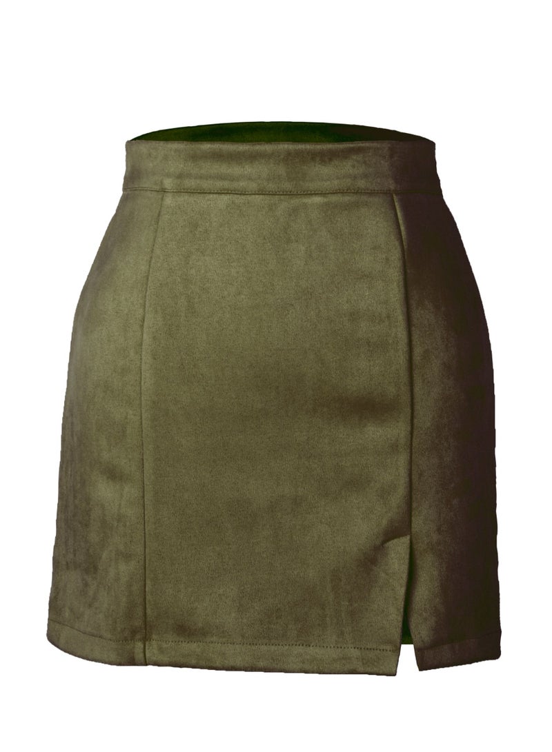 Loquat Women's Hip Wrap High Waist Solid Color Zipper Short Mini Skirts Side Slit Pencil Skirt Army Gren  - Image 3