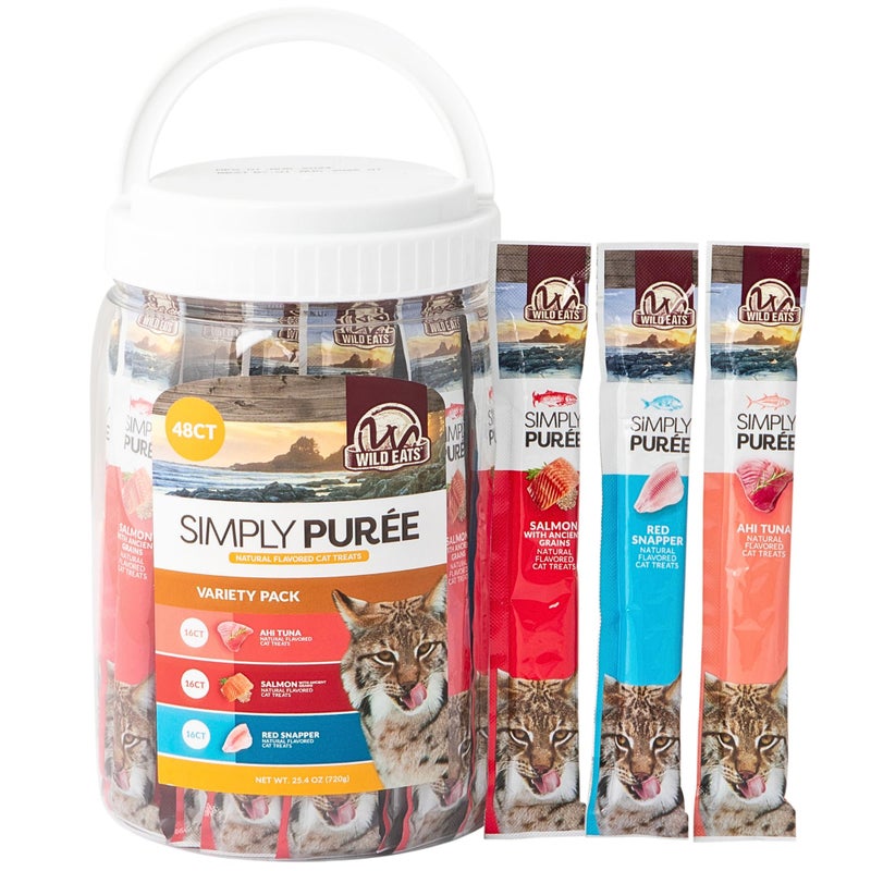 Wild Eats Simply Puree Variety Tub for Cats | 48 Individual Servings of All-Natural, High-Protein Puree Treats | Includes Multiple Flavors | Grain-Free, No Artificial Additives, Smooth Texture - Image 1