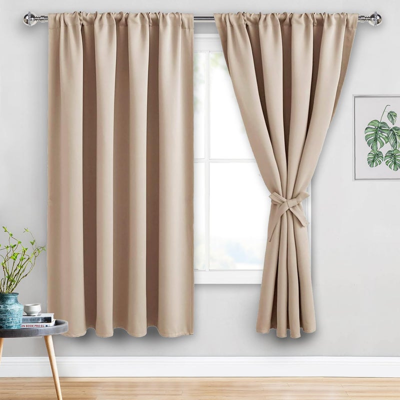 JIUZHEN Blackout Curtains for Bedroom  60 Inch Wide Thermal Insulated Room Darkening Privacy Soundproof Curtains for Living Room Set of 2 Panels with Tiebacks 60 x 63 inches Beige