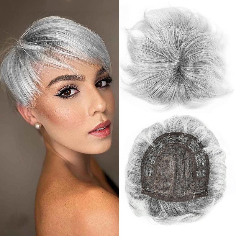 QUEENTAS Short Hair Topper for Women with Thinning Hair Daily Wear 3603D Cover Up 656 Fluffy Hair Pieces with BangsGrey to Silver