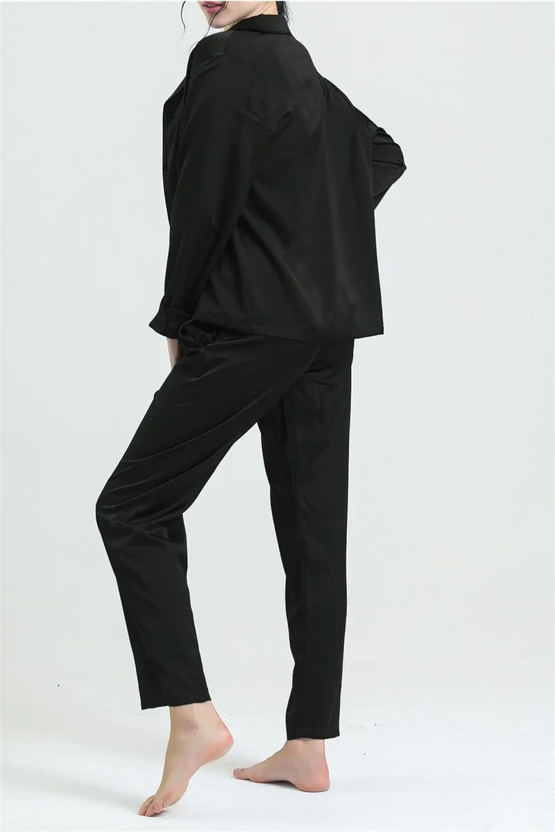 ماجيك فورم 19718 Women's Black Shirt Collar Piping Pocket Satin Pajama Set