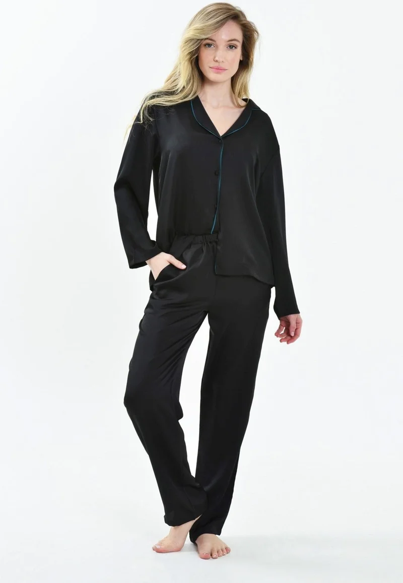 ماجيك فورم 19718 Women's Black Shirt Collar Piping Pocket Satin Pajama Set