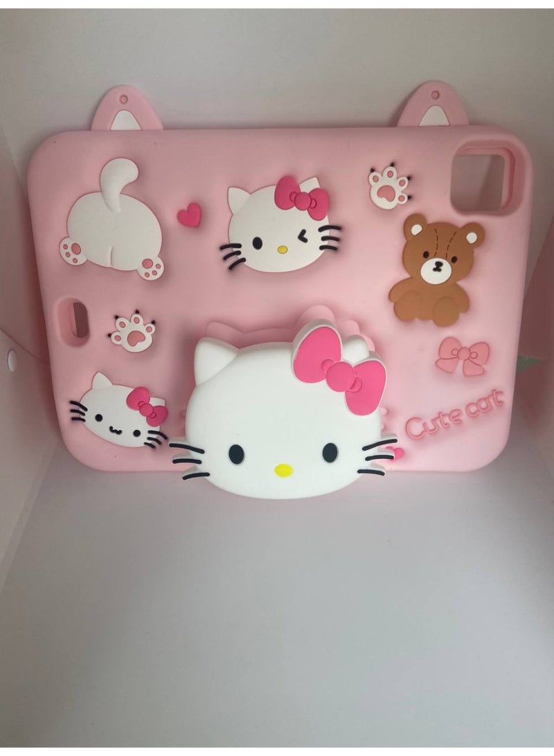 Cartoon 3D Silicon Handle Stand Cover For iPad Air 11 Inch (M3/M2-2024), iPad Air 5th/4th Generation Case (2024) 10.9 Inch, Funda Case (With Rope) (Cute Cat Pink) - Image 2
