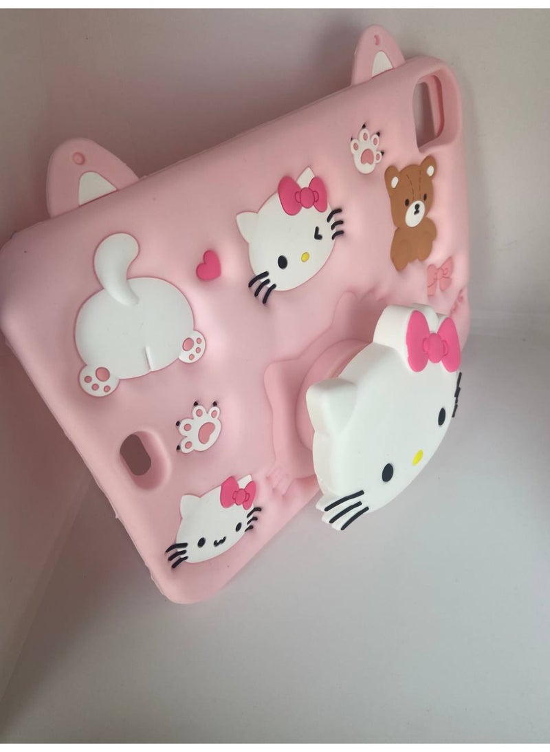 Cartoon 3D Silicon Handle Stand Cover For iPad Air 11 Inch (M3/M2-2024), iPad Air 5th/4th Generation Case (2024) 10.9 Inch, Funda Case (With Rope) (Cute Cat Pink) - Image 3