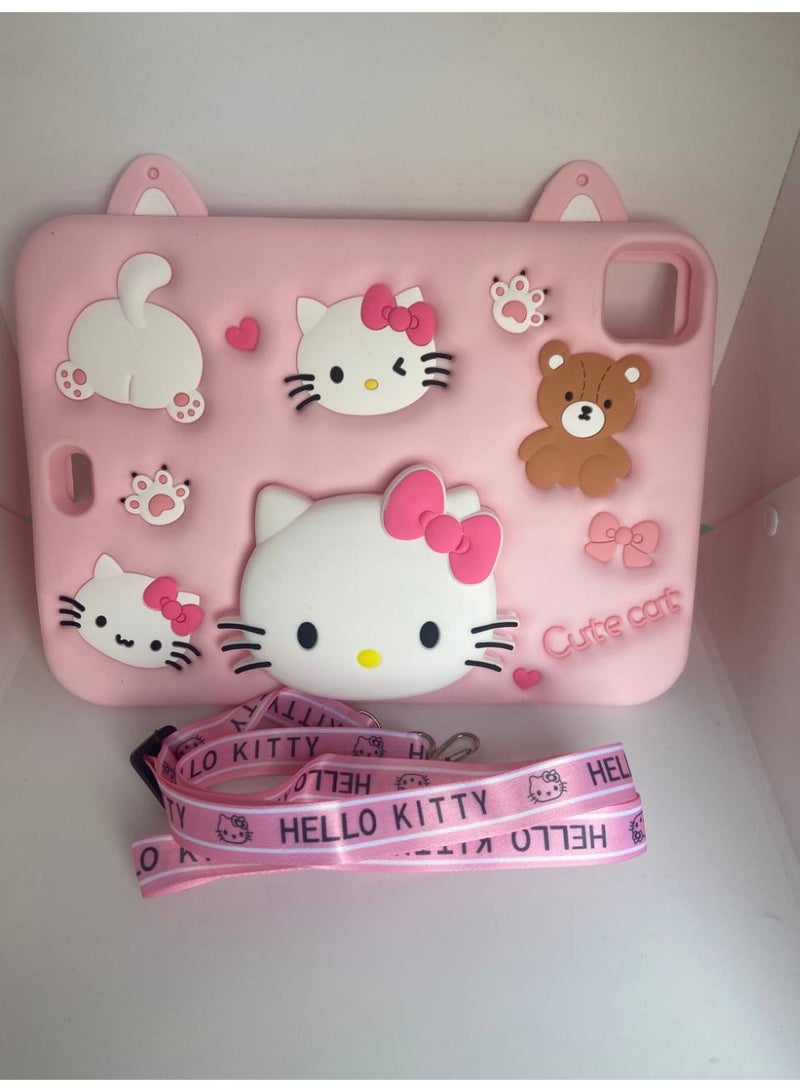 Cartoon 3D Silicon Handle Stand Cover For iPad Air 11 Inch (M3/M2-2024), iPad Air 5th/4th Generation Case (2024) 10.9 Inch, Funda Case (With Rope) (Cute Cat Pink) - Image 4