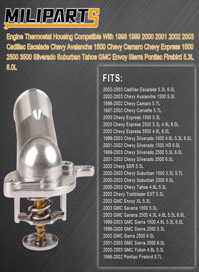 MILIPARTS Engine Thermostat Housing Compatible With 1998-2003 Cadillac Escalade Chevy Avalanche 1500 Chevy Camaro Express 1500 2500 3500 Silverado Suburban GMC Envoy Sierra Pontiac 5.3L 6.0L - Image 2