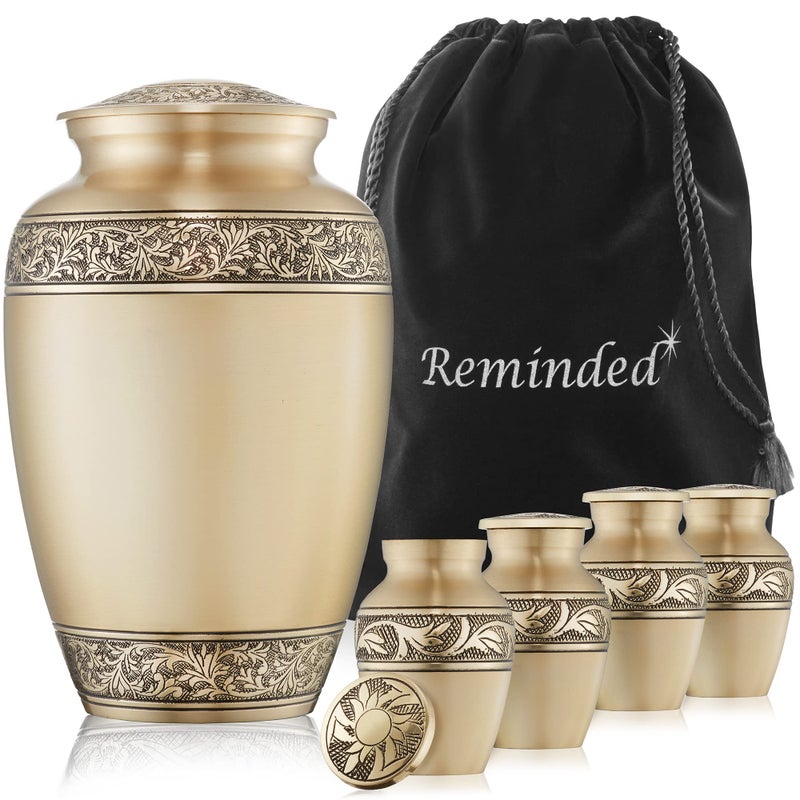 Reminded Set of 5 Floral Cremation Urns for Human Ashes 1 Adult 4 Keepsake Token Size Gold