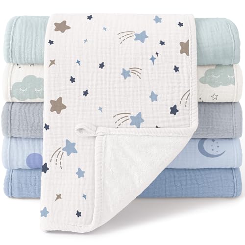 Bearmoss Muslin Burp Cloths, 100% Cotton Baby Burping Clothes, Large Extra Soft Absorbent for Unisex Newborn Boy and Girl, 20x10in, 6 Pack, Blue Print - Image 1